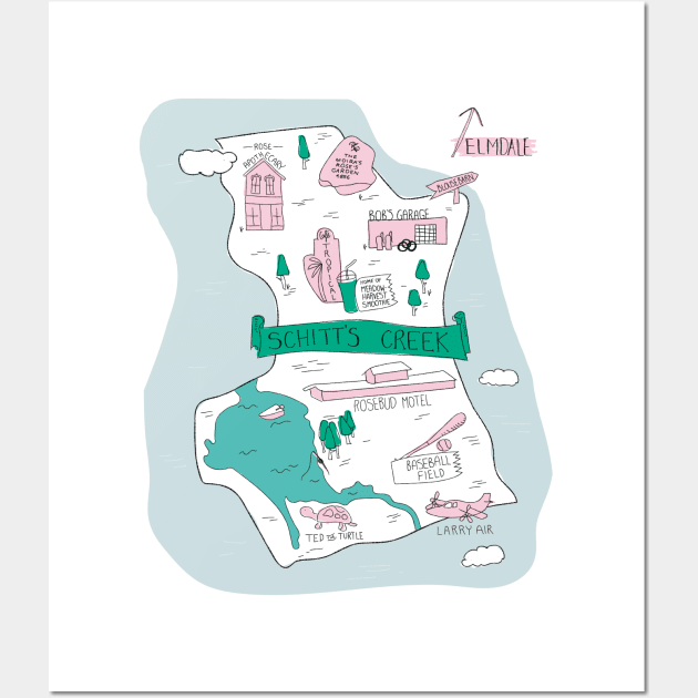 The Town of Schitt's Creek, hand drawn map of all of the town landmarks. Wall Art by YourGoods